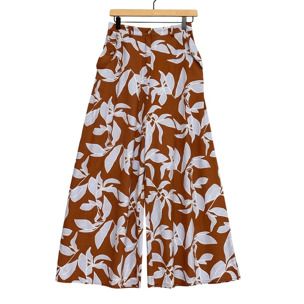 Aakaa Women Pants M Blue Brown Floral Leaf Wide Leg Tropical Vacation Resortwear